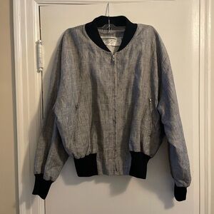 Alan Austin Beverly Hills 100% Linen Black White Plaid Bomber Jacket Size 42/ SM